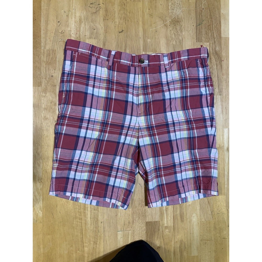Brooks Brothers Men's Plaid Shorts W36 Red Blue Cotton Flat Front